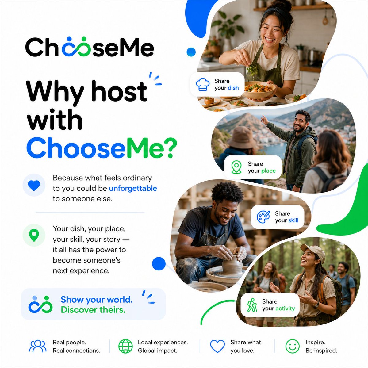 ChooseMeApp's tweet photo. Your world has more value than you may realize.

A recipe, a scenic spot, a creative skill, or a simple activity you love could inspire someone’s next meaningful experience.

#ChooseMe #ShareWhatYouLove #RealPeople #LocalExperiences #InspireOthers https://t.co/QHibLHBWVp