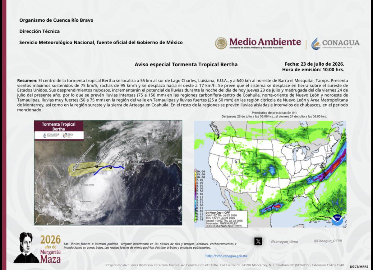 LCAlatorre's tweet photo. 🚨🌧️ ¡Atención, noreste! Los desprendimientos nubosos de la tormenta tropical Bertha incrementarán el potencial de lluvias esta noche y madrugada.

Se esperan lluvias intensas en zonas de Coahuila, Nuevo León y Tamaulipas, así como lluvias fuertes en el Área Metropolitana de Monterrey.

💧 Mantente informado y atiende las recomendaciones de Protección Civil.
