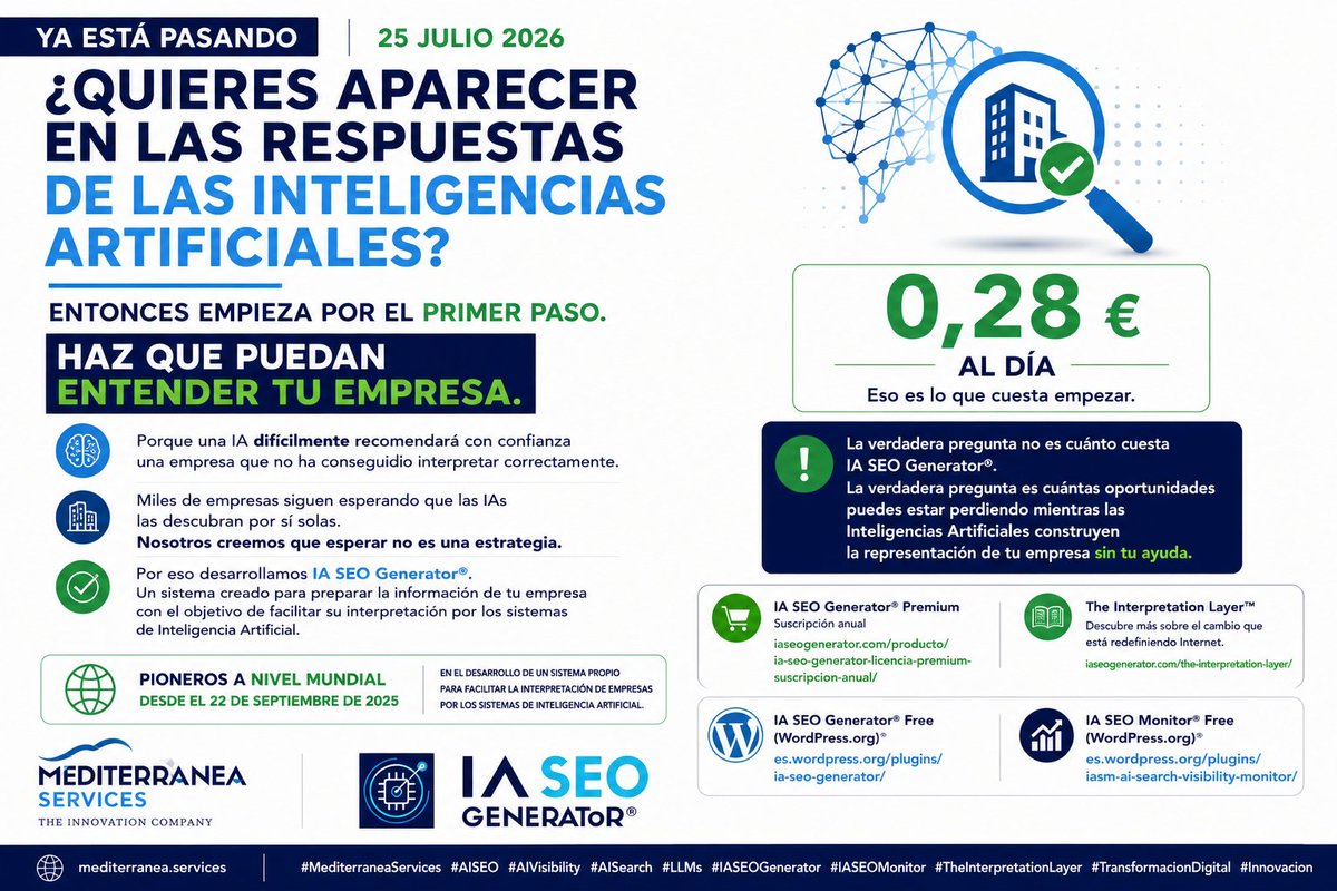 MeditServices's tweet photo. YA ESTÁ PASANDO.

Las IAs ya interpretan empresas antes de decidir si pueden recomendarlas.

No esperes que te entiendan por casualidad.

IA SEO Generator® desde 0,28 €/día.

https://t.co/RfhzP9ND7i

#AISEO #IASEOGenerator #AIVisibility #LLMs https://t.co/scwRjTQadT