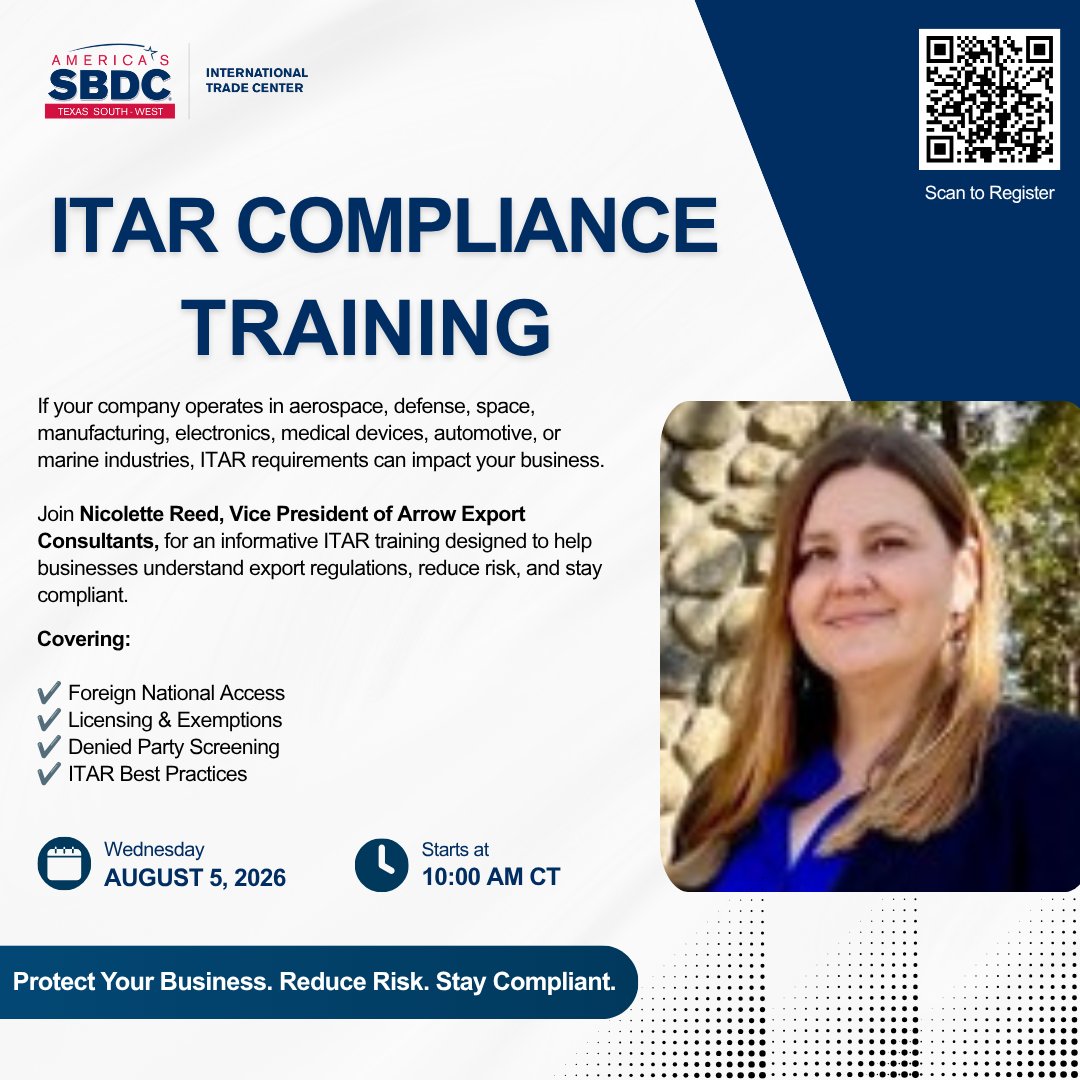 texastrade's tweet photo. Avoid costly export compliance mistakes.

Learn about:
✅USML Categories (Part 121)
✅Export Violations
✅USML Categories
✅Proscribed Countries (Part 126.1)

📅 Aug. 5 | 10 AM CT
💻 Zoom

🔗 https://t.co/iI7WcCcTpu

#Defense #Aerospace #ITAR #SBDC https://t.co/k1H4hwcoIc
