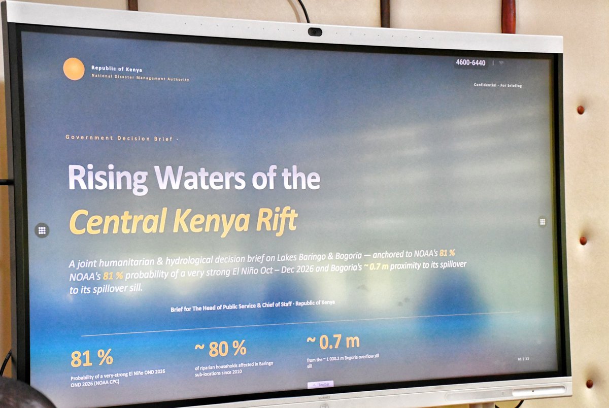 koske_felix's tweet photo. The Lake Baringo-Bogoria Basin is experiencing a sustained hydrological shift driven by climate variability, prolonged above-average rainfall and catchment degradation. 
The resulting rise in lake levels has become one of the most significant environmental and humanitarian challenges facing the Central Rift.

Since 2010, Lake Baringo has expanded by 119.08 km² and Lake Bogoria by 10.90 km², permanently inundating approximately 130 km² of land. The cumulative impact of recurrent flooding has displaced households, destroyed homes, schools and health facilities, submerged hotels, and disrupted livelihoods dependent on fishing, farming and tourism.

Scientific analysis attributes the rising lake levels primarily to prolonged rainfall and climate variability. A marked shift in the hydrological regime occurred around 2009, with mean annual rainfall across the Baringo and Bogoria catchments increasing by 30% between 2010 and 2020, and exceeding long-term averages by more than 50% after 2018. Catchment degradation and changes in land use have compounded the situation through severe soil erosion, increased sedimentation and reduced effective lake storage capacity, as well as heightened surface runoff that accelerates the conversion of rainfall into flooding.

I convened  the First Consultative Meeting on the Status and Progress of the Basin to consider the emerging challenges and agree on coordinated action. 
During the meeting, we considered a joint humanitarian and hydrological decision brief on the Rising Waters of the Central Rift. With a high possibility of El Niño conditions between October and December this year, projections indicate that further flooding could intensify the impacts across the basin.

We assessed ongoing interventions and committed to sustainable measures, including enhanced early warning and evacuation planning, shoreline protection and drainage works, resilient resettlement of affected households, restoration of degraded catchments, and protection of the basin's unique ecosystems and Ramsar sites. The Government's focus is to protect lives and livelihoods, restore affected communities and ecosystems, strengthen climate resilience, and secure sustainable water management so that the basin remains safe, productive and resilient for present and future generations.

The session was attended by Principal Secretaries Eng. John Tanui (ICT and Digital Economy), Eng. Festus Ng'eno (Environment and Climate Change), and Ephantus Kimotho (Irrigation),the Natural Resources Secretariat  and officers from Baringo County.