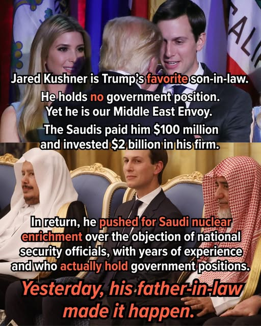 justfara's tweet photo. Saudi Arabia getting access to nuclear enrichment is absolutely insane. We’re supposed to be told that Iran can’t be trusted with a nuclear program, but somehow the kingdom tied to 9/11 hijackers and the murder of Jamal Khashoggi gets a pass? That’s not national security. That’s a payoff with a flag on it. Recent reporting says the Trump administration signed a nuclear cooperation pact with Saudi Arabia that could open the door to enrichment, while critics are already pointing to years of ethical concerns around Jared Kushner’s Saudi ties, including a $2 billion investment in his firm.
And let’s not pretend the timing and the money don’t matter. When a president’s son-in-law gets a $2 billion Saudi investment after serving as a top Middle East adviser, people are allowed to ask whether this country’s policy is being written by national security officials or by grifters cashing checks. If Trump can scream “Iran bad” while handing the Saudis a potential nuclear lane, then the entire argument was never about safety, stability, or nonproliferation. It was about who pays and who profits.
That’s the real sickness here: they’ll risk American security, regional stability, and global sanity if it means another billion dollars for themselves and their friends. MBS gets access. Kushner gets paid. The rest of us get told to shut up and clap.