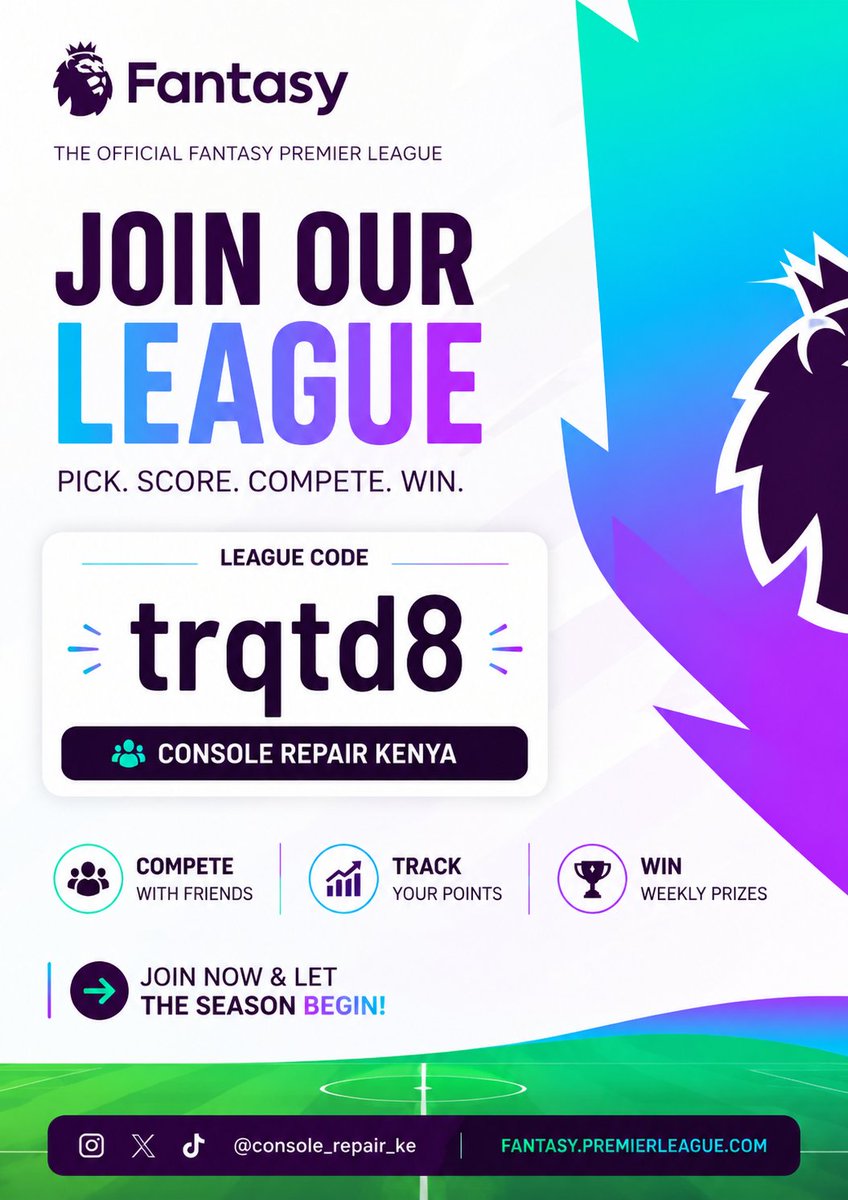 consolerepairke's tweet photo. @LetsTalk_FPL Fantasy Premier League is BACK! ⚽🔥
Join the Console Repair Kenya FPL League

🏆 League Code: trqtd8
🔗 Auto Join: https://t.co/ep9u3ruvOI⁠

Build your squad. Pick your captain. Climb the rankings.
See you in the league! 💪 https://t.co/w10jmzLu7y