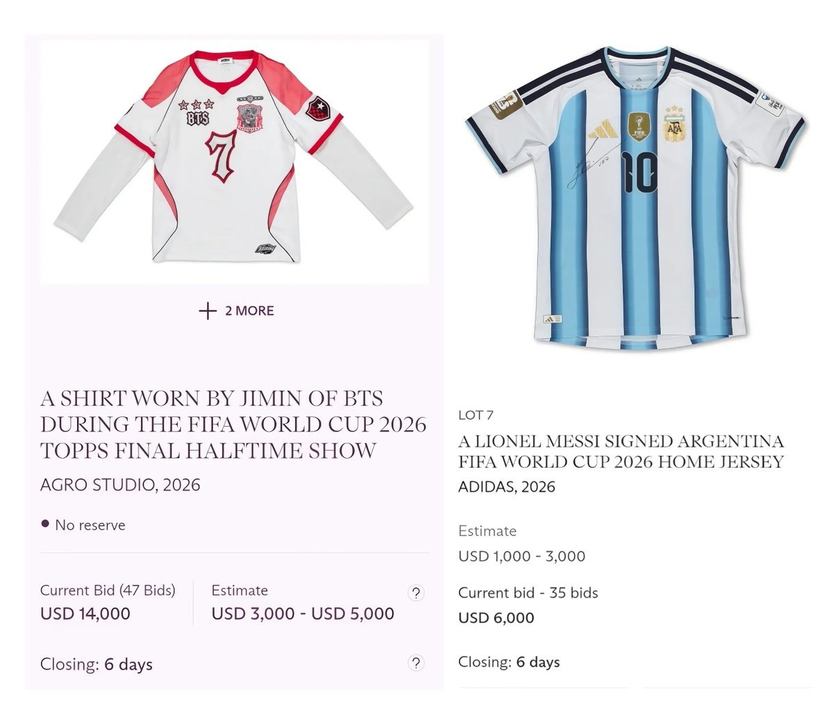 tokyoselca's tweet photo. i don't think we're fully grasping how insane it is that jimin's game worn jersey is is outbidding the signed jersey of the biggest football player of all time 😭😭 https://t.co/c02JJoSXRs