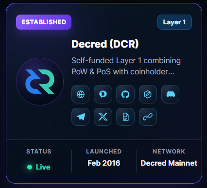 chainquiry's tweet photo. 🟣 Decred (DCR) is now listed on Chainquiry.

Explore its hybrid PoW/PoS model, stakeholder governance, treasury funding, privacy features, DCRDEX, official links and cited sources.

🔗 https://t.co/FHpvHSXL6r

#Decred #DCR #Crypto @decredproject https://t.co/BBmRtLZs6e