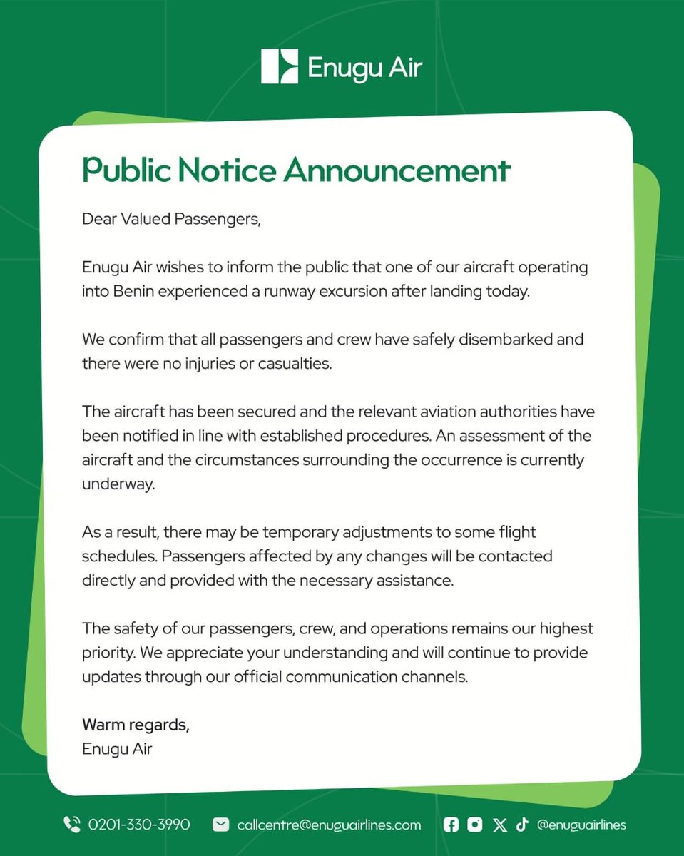Udalaradio's tweet photo. Recently Launched “Enugu Air” Crash Lands at Benin Airport

No casualties were recorded 

#UdalaRadio #EnuguAir #Crash #Benin #SeriouslyAuthentic https://t.co/q60lbYe6Ip