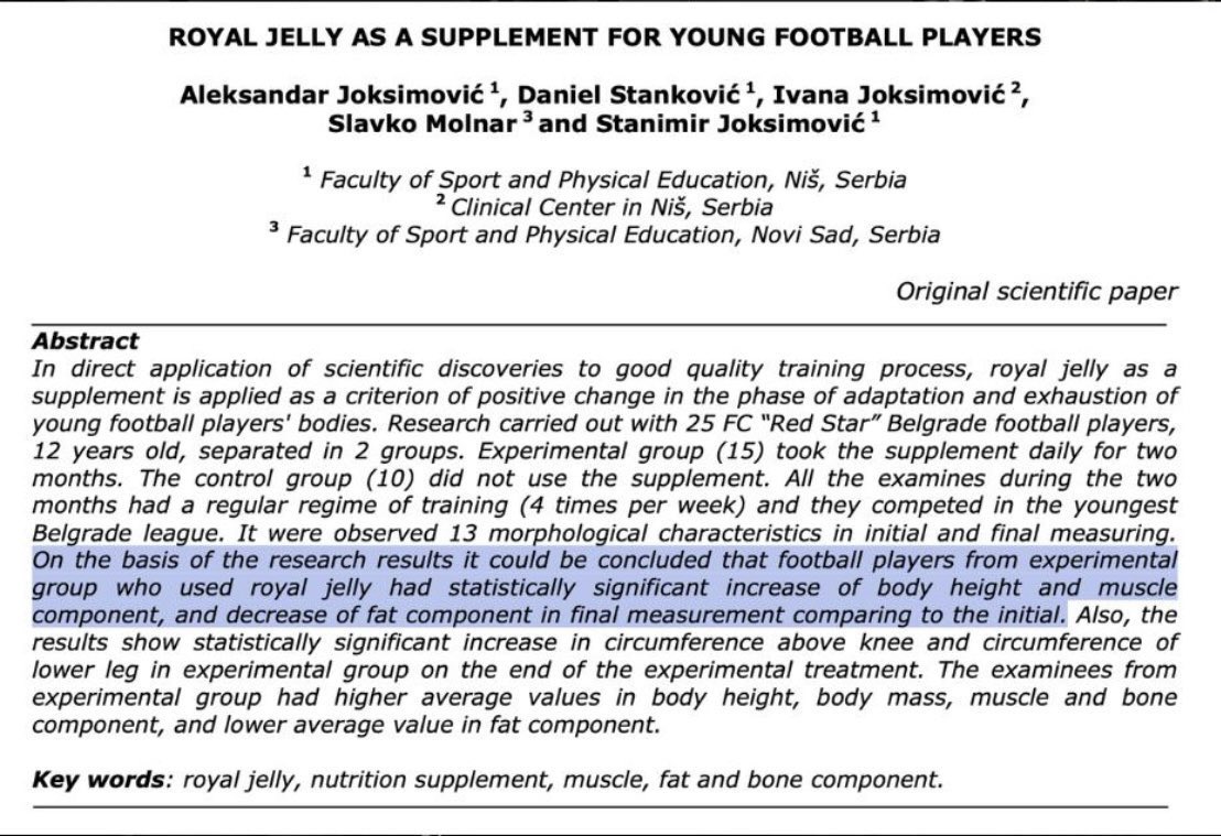 MagnusVigso's tweet photo. Royal jelly consumed by young athletes resulted in an staggering increase of 1,6 centimeters in height in two months time.

But not only did the research group gain a more profound increase in height.

They also gained more muscle, lost more fat and gained more weight in general (lean mass).