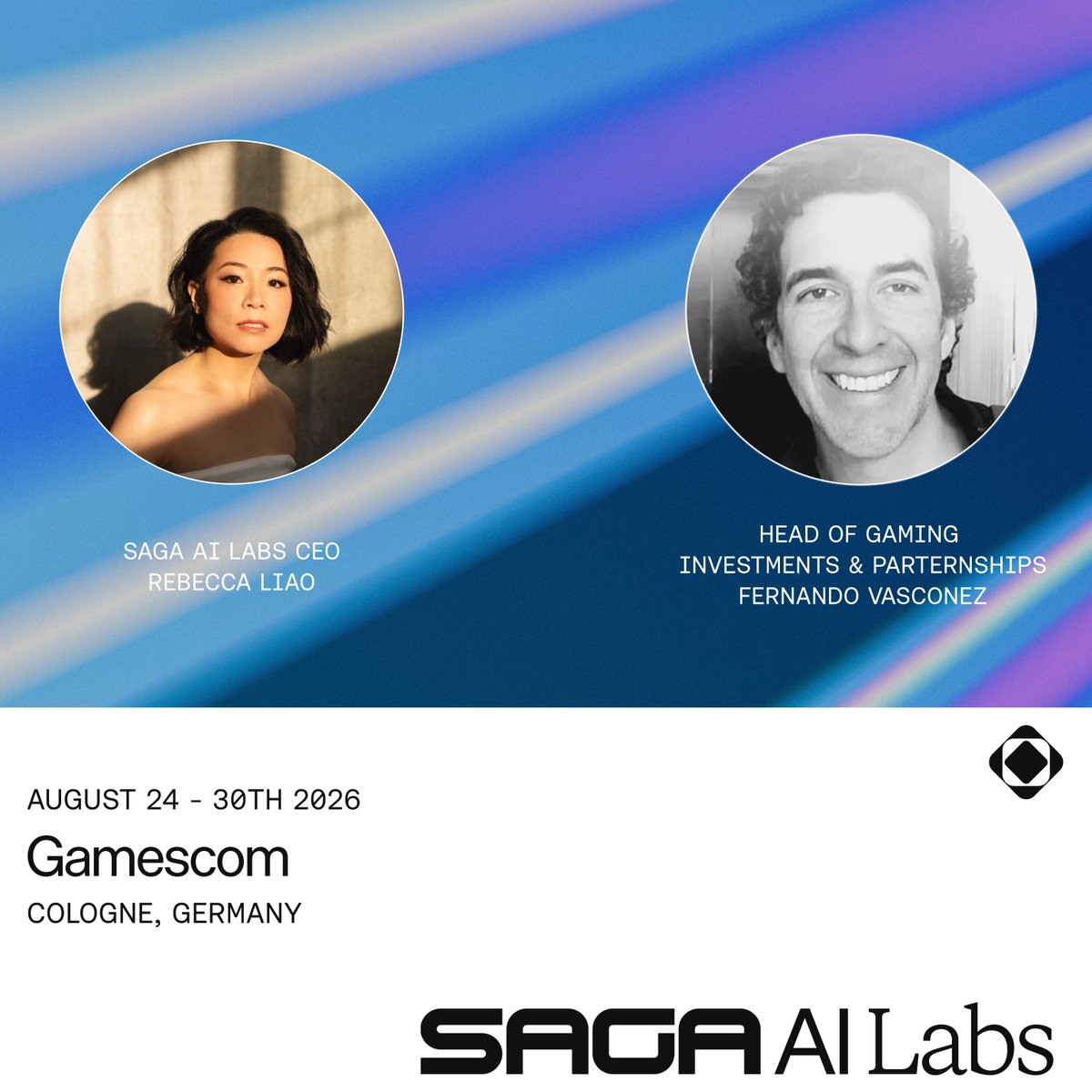SagaAILabs's tweet photo. Saga AI Labs is heading to Cologne for @gamescom.

CEO @beccaliao and Head of Gaming Investments &amp; Partnerships Fernando Vasconez will be on the ground throughout the week, meeting with studios, partners and friends across the industry.

See you there. https://t.co/Vlt0FBzRIA