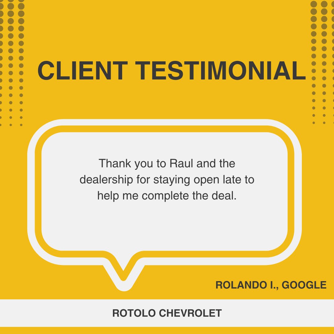 RotoloChevyCa's tweet photo. Thank you for your kind words, Rolando! We’re glad to hear that Raul and the dealership were able to assist you in completing the deal. We truly appreciate your support and hope to see you again soon! https://t.co/w8nvxnicqF