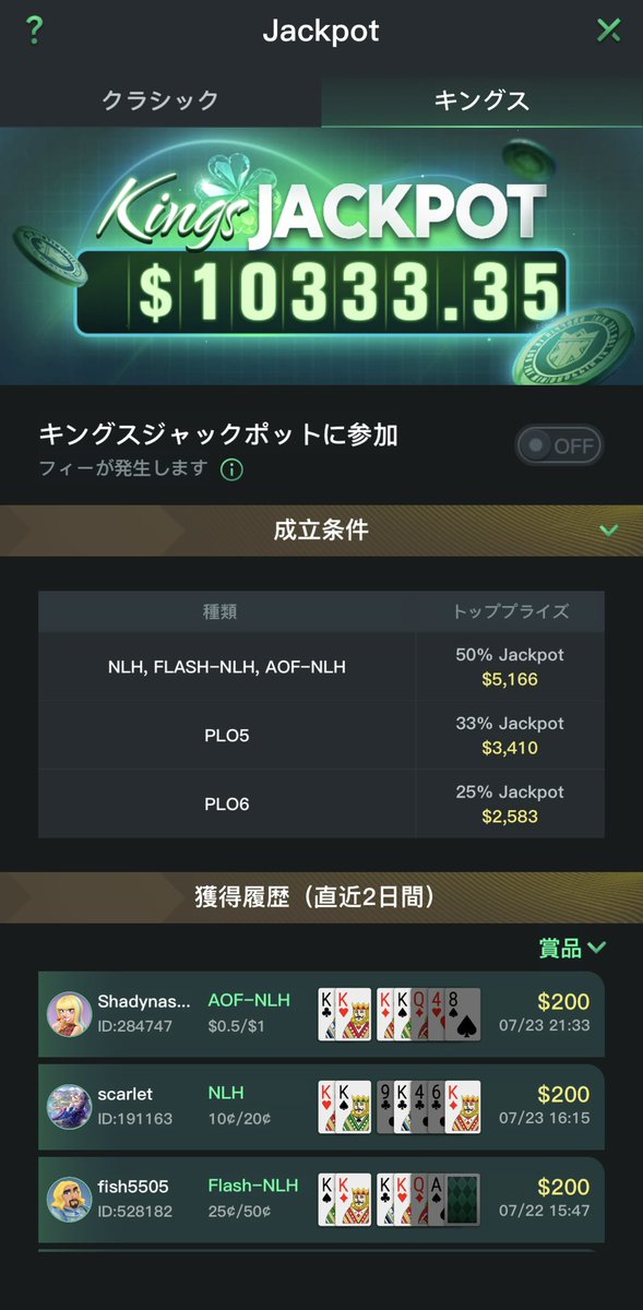 KKshiba_Poker's tweet photo. 今KKのジャックポットがスーパー熱いしば、、、キングスは1万ドル越え、クラシックも間も無く1万ドルしば、、(震え https://t.co/g7Jrls0b1h