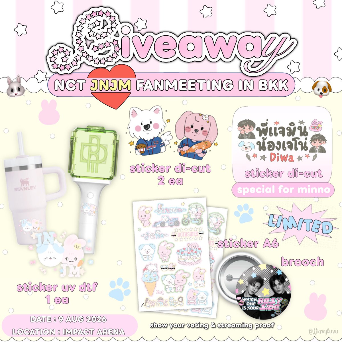 jjkmyluvu's tweet photo. ꒰ྀི১ pls kindly rt ໒꒱ིྀ giveaway 🎀༘⋆

✮JNJM fanmeeting in bkk✮

ᰔ sticker uv dtf &amp; di-cut
ᰔ sticker for minno 
ᰔ sticker A6 / brooch (show your voting &amp; streaming)

Date : 9 aug 2026

🐰 rt &amp; show this tweet 🐶

#NCTJNJM_FANMEETING_TOUR
#NCTJNJM_FANMEETING_TOUR_DUALITY https://t.co/qulxVTvrA0