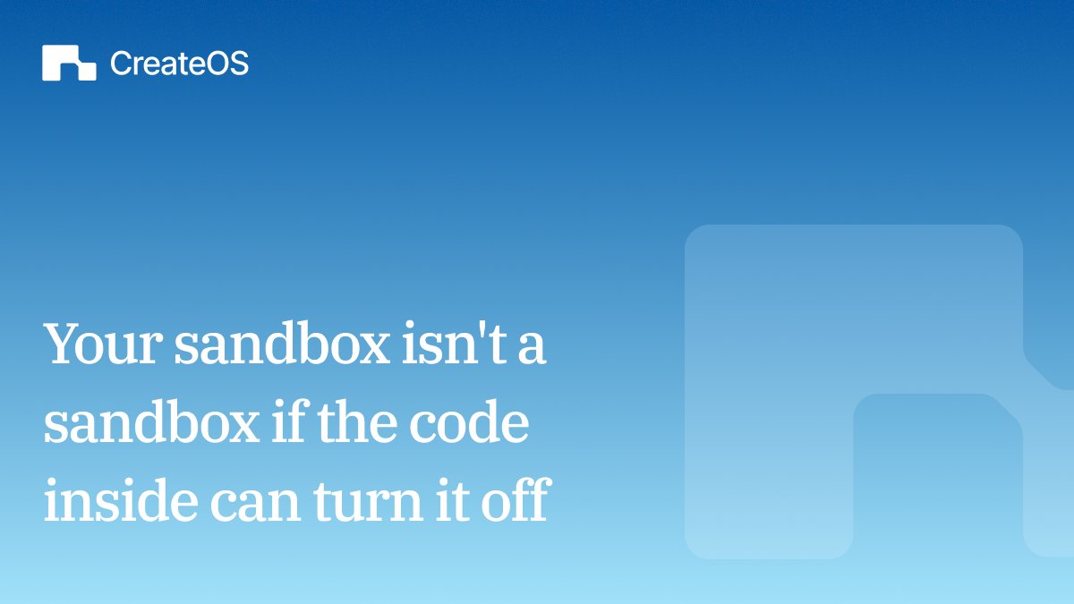 createosai's tweet photo. Most AI sandboxes enforce policy from inside the kernel the agent controls. Compromise the agent, and the isolation goes too.

CreateOS Sandbox enforces egress in eBPF, from the host kernel, outside the box. Compromised code can't route around it.

"createos sandbox create" https://t.co/qez99juSmL
