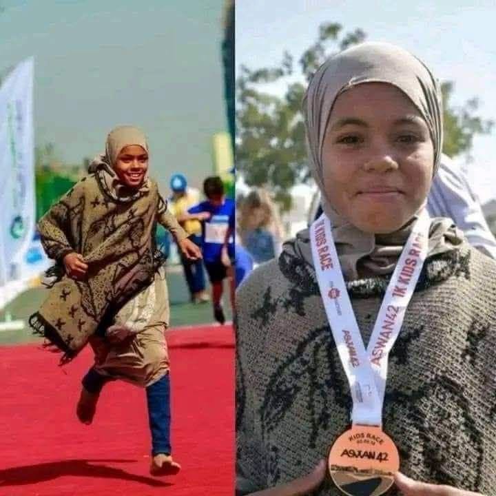 AfricanHub_'s tweet photo. A 10-year-old girl named Marwa, who sells tissues on the streets of Aswan, Egypt, rushed to watch a children’s marathon from afar and eagerly asked the organisers if she could join.

Although she had not paid the 200-pound participation fee and lacked proper sports shoes or clothing, she was determined to take part and even dreamed of winning.

The organisers allowed the innocent girl to compete. Marwa ran barefoot, just as she runs through the streets every day chasing customers to sell tissues. She ran with the pride of the underprivileged, moving as if she were soaring toward the finish line.

To everyone’s amazement, she crossed the finish line first and won the gold medal.

Despite her difficult circumstances, Marwa believed in herself and refused to let any obstacles stop her from achieving her goal.
