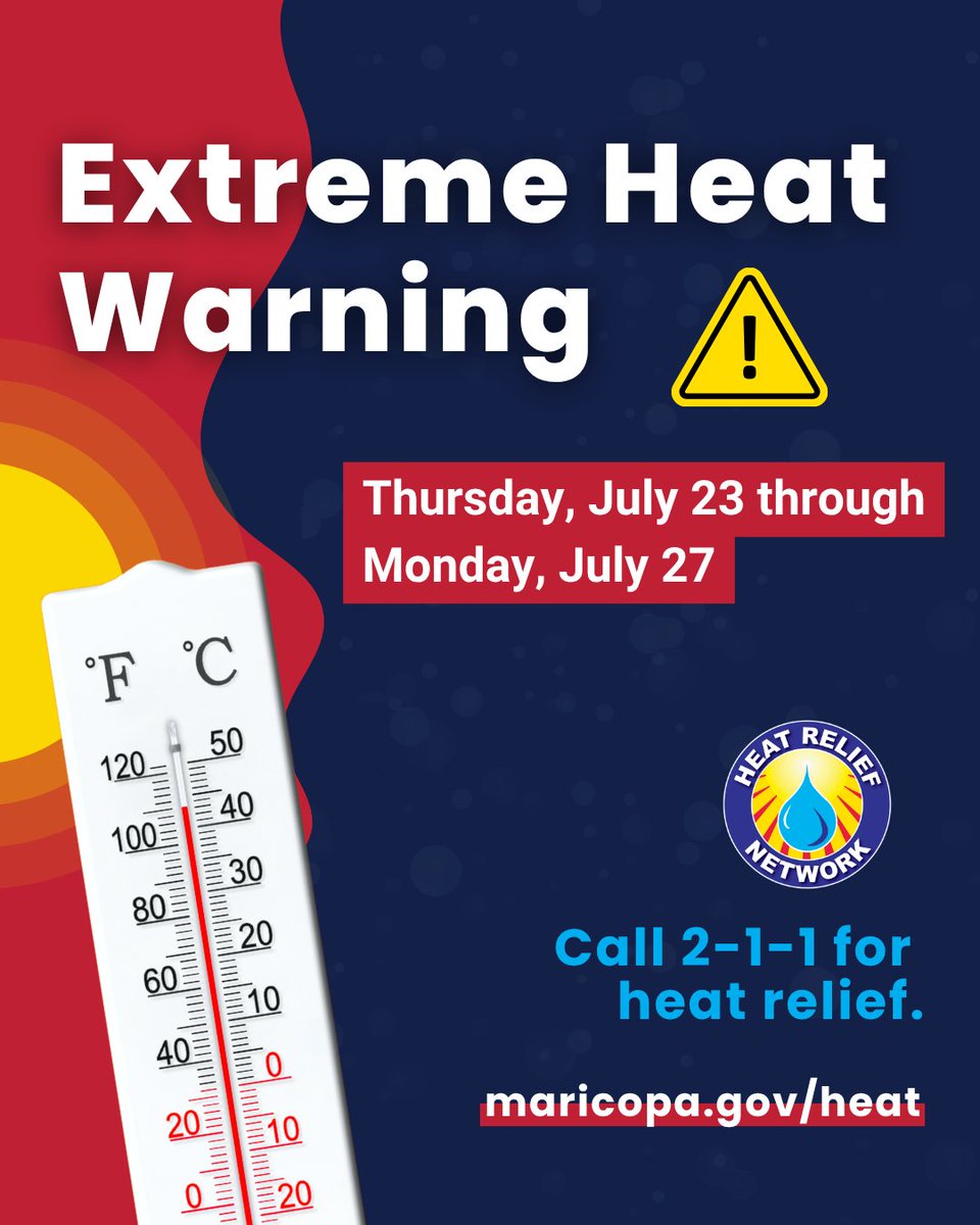 Maricopahealth's tweet photo. ⚠️ Extreme Heat Warning through Monday
Several days of dangerous heat with very warm nights can be especially hazardous. When temps stay high overnight, your body has less time to recover from the day's heat.

If you need a cool place to go, call 2-1-1 or https://t.co/Bdva4kfGR0. https://t.co/2JByS1z1yG