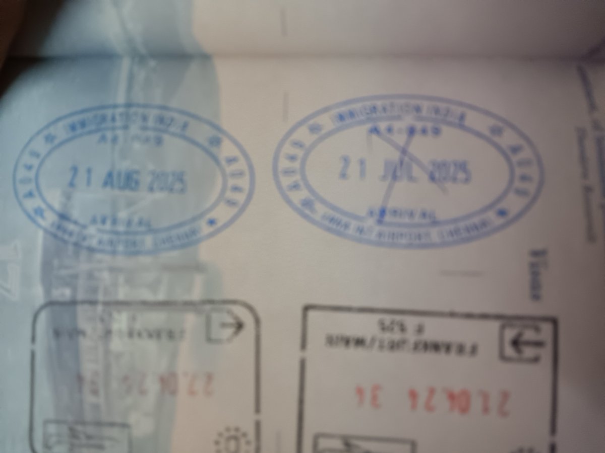arvindi's tweet photo. @jaypanicker Your immig officer doesn't even adjust the stamp to show the right month. They cross and put another right stamp when I pointed it is Aug vs Jul. Maybe wrong stamps were made out whole month until I pointed out!  This happens despite your sincerity. Make them pay attn to detail. https://t.co/p16j9TAXAv