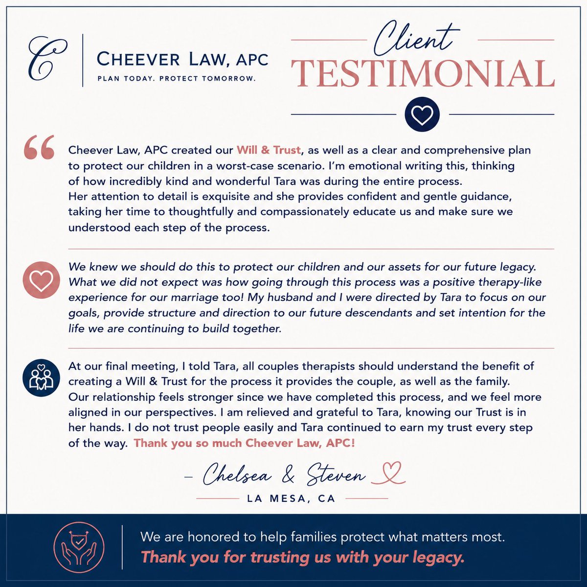 taracheever's tweet photo. Thank you, Chelsea and Steven, for your kind words and for trusting Cheever Law, APC with your family's future. It has been an honor to help you create a plan that protects what matters most.

Your trust means everything to us. 🤍

#TestimonialThursday #GratefulClients https://t.co/psbweJpgJw