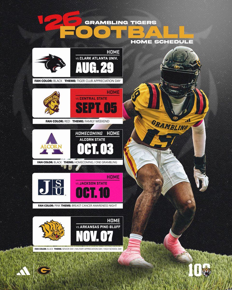 GSUFootball01's tweet photo. 2026 Home Game Themes &amp; Colors 

8/29 🆚 CAU | 6 PM | Tiger Club | 🖤
 9/5 🆚 Central State | 6 PM | Family Weekend | ❤️
 10/3 🆚 Alcorn | 2 PM | Homecoming | 🖤 10/10 🆚 JSU | 4 PM | Breast Cancer Awareness | 🩷
 11/7 🆚 UAPB | 2 PM | Senior/Military/HS Day | 🖤 https://t.co/IGhMWhsygp