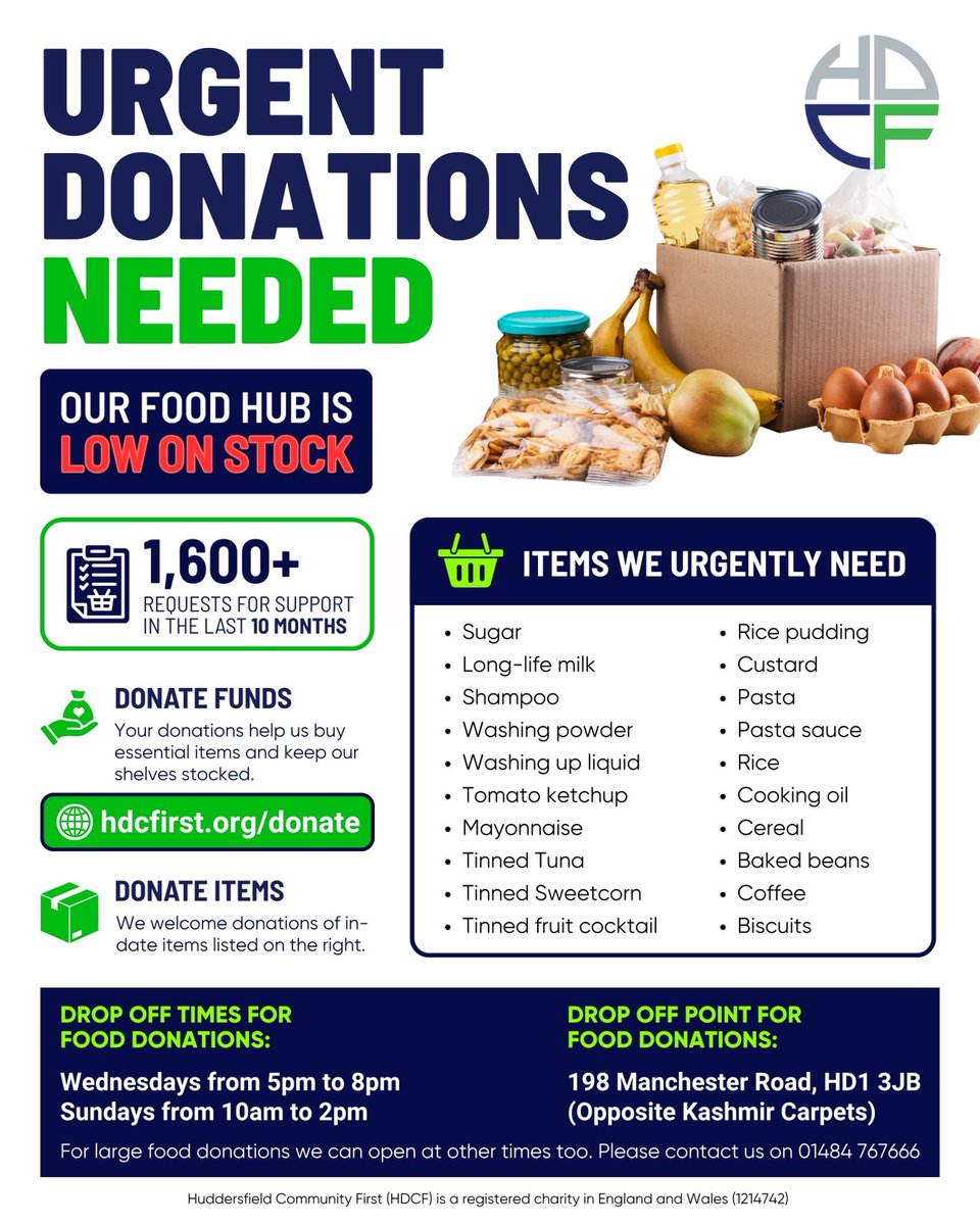 HDCFirst's tweet photo. *🚨 URGENT FOOD HUB APPEAL 🚨*

Our Food Hub is running low on stock.

💚 make a financial donation:*
🌐 https://t.co/Xes55t3Tem https://t.co/ufq6zItEna