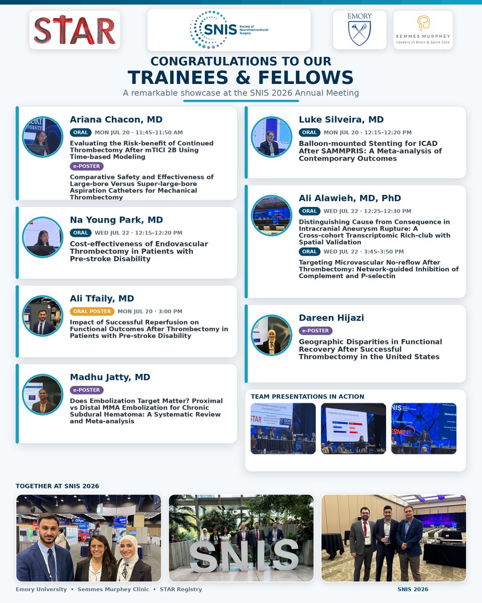 AliAlawiehmdphd's tweet photo. Proud of our incredible team at @EmoryNeurosurg and @SemmesMurphey  for an outstanding showcase at #SNIS2026 in Seattle! Congratulations to the trainees and fellows on their excellent presentations and posters. @SNISinfo https://t.co/YFLoUEdcO0
