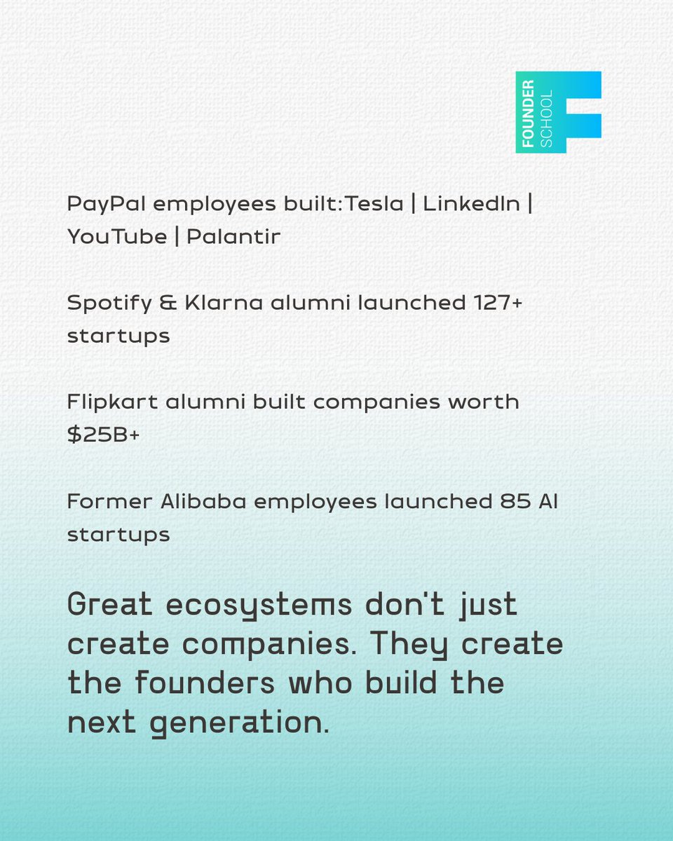 FS_Build's tweet photo. The best startup ecosystems don't compound because of money. They compound because experience gets recycled.

Founders become mentors. Operators become founders. Knowledge gets passed on.

That's the kind of ecosystem we're building at Founder School

WEF + Stanford VC Report 26' https://t.co/4qHNAa81ed