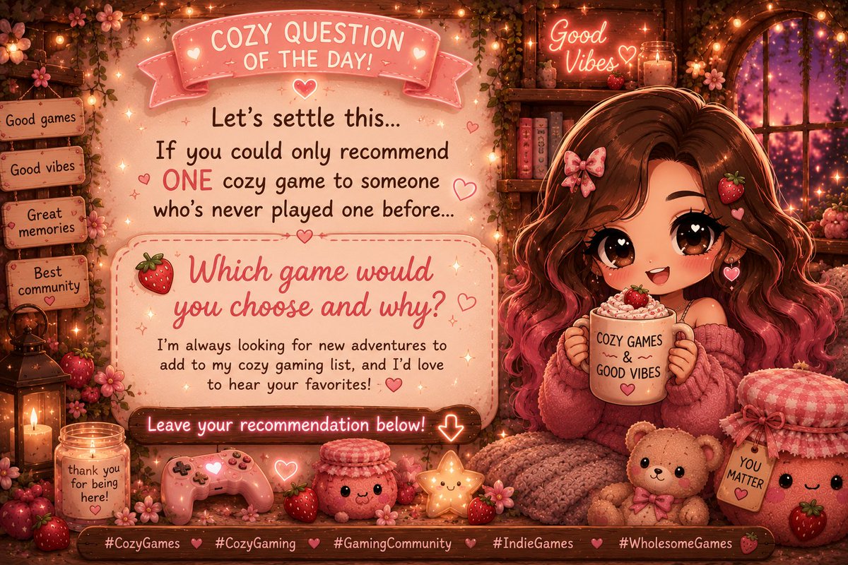 JamsNooks's tweet photo. 🎮🍓 Cozy Question of the Day! 🍓✨

Let's settle this...

If you could only recommend ONE cozy game to someone who's never played one before...

🌸 Which game would you choose and why?

I'm always looking for new adventures to add to my cozy gaming list, and I'd love to hear your favorites! 💕

Leave your recommendation below! ⬇️

#CozyGames #CozyGaming #GamingCommunity #IndieGames #Nintendo #SteamGames #WholesomeGames 🍓