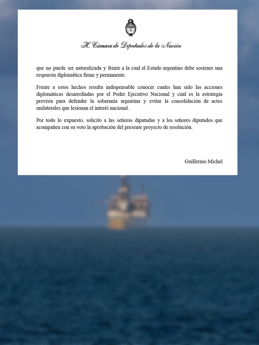 MichelGuilleOK's tweet photo. Presentamos un proyecto para que el Gobierno Nacional informe acerca de las actividades de exploración y búsqueda de hidrocarburos impulsadas o autorizadas (de manera ilegal) por el Reino Unido de Gran Bretaña en el área circundante a las Islas Malvinas. 

Toda actividad de exploración o explotación de recursos naturales autorizada ilegal y unilateralmente por el Reino Unido constituye un desconocimiento de la jurisdicción argentina y una afectación directa de los derechos soberanos de una de nuestras provincias; y vulnera el derecho internacional y las resoluciones de las Naciones Unidas.

Las Malvinas son argentinas