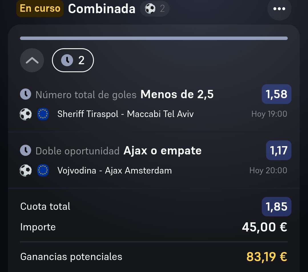 TipsterBird's tweet photo. 📌 UEFA EUROPA LEAGUE & UEFA CONFERENCE LEAGUE | CLASIFICACIÓN

🇲🇩 Sheriff Tiraspol 🆚 Maccabi Tel Aviv 🇮🇱 (Europa League)

🇷🇸 Vojvodina 🆚 Ajax 🇳🇱 (Conference League)

🎯 Menos de 2,5 goles (Sheriff - Maccabi)

🎯 Ajax o empate (Vojvodina - Ajax)

💰 Cuota: 1.85
📊 Stake: 3/6 ⭐⭐⭐

📝 Análisis:

El Sheriff y el Maccabi afrontan una eliminatoria donde el equilibrio puede ser protagonista. Espero un partido muy táctico, con pocas concesiones y un ritmo contenido, por lo que el menos de 2,5 goles tiene valor.

En Serbia, el Ajax parte como favorito por calidad y experiencia internacional. Aunque el Vojvodina puede poner las cosas difíciles en casa, confío en que el conjunto neerlandés, como mínimo, no salga derrotado.

Que os parece??