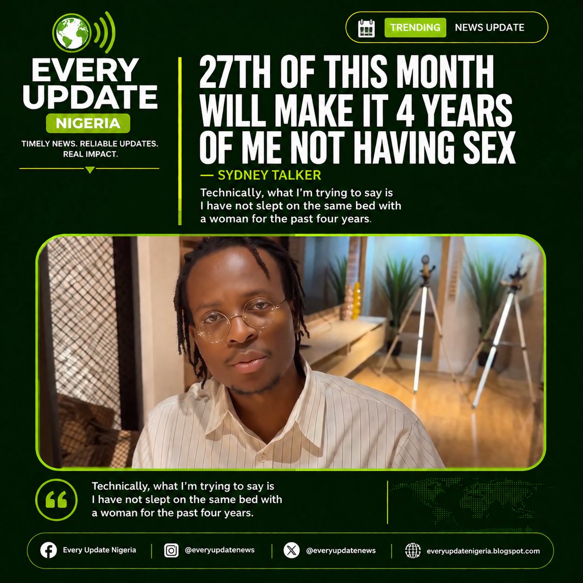 EveryUpdateNews's tweet photo. 🚨 Sydney Talker says he's about to mark 4 years of celibacy.
 "I have not slept on the same bed with a woman for the past four years. It has not been easy, but I thank God."

🎥 Watch the full video below.

https://t.co/NMt8buz6qZ

#SydneyTalker #EntertainmentNews #TrendingNews https://t.co/Fa3kJM77Fj
