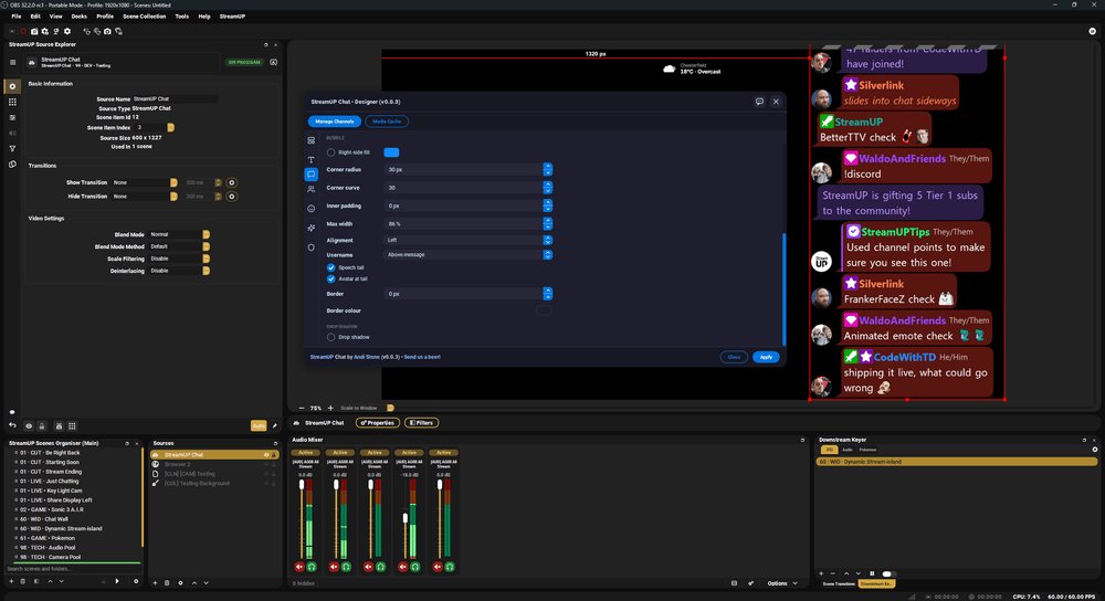StreamUPtips's tweet photo. @Andi_Stone Squircle corners without clipping your text. Pronouns next to names. Exit animations for auto hidden messages. And a pile of settings out of hiding: timestamps, link colours, accents, italic /me and more. https://t.co/ySf4Fk7tCQ