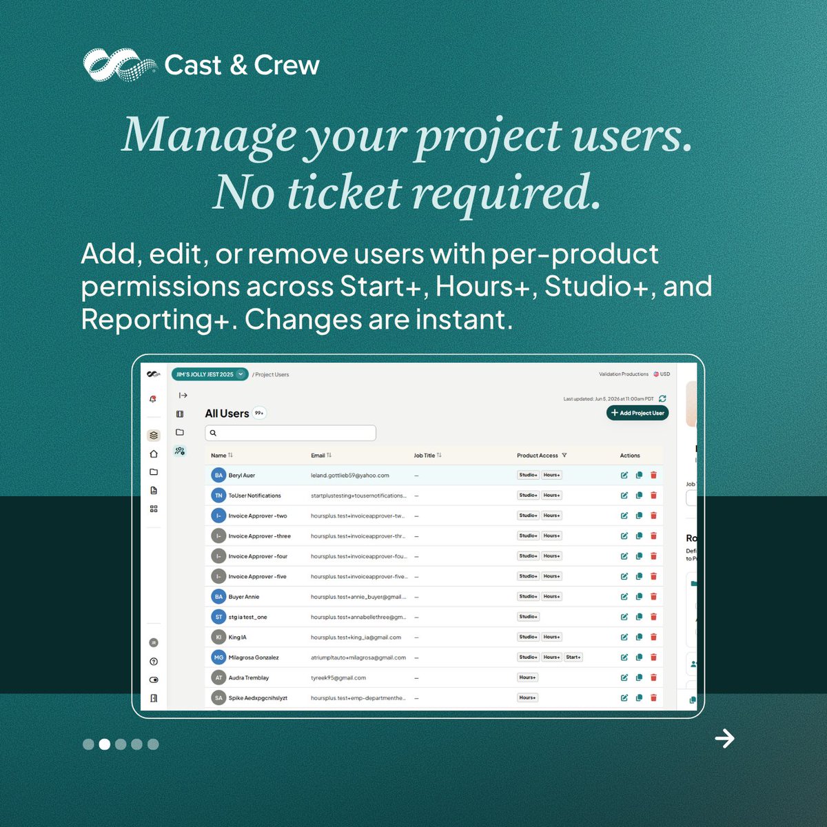 CastAndCrewNews's tweet photo. No more waiting on a support ticket to add someone to your project: https://t.co/V5kYOfZwXv 
 
Swipe to see what else changed in the Cast &amp; Crew platform.     
 
#CastAndCrew #ProductionPayroll #FilmProduction #Timekeeping #ProductUpdate https://t.co/N5aJmYR0Ru