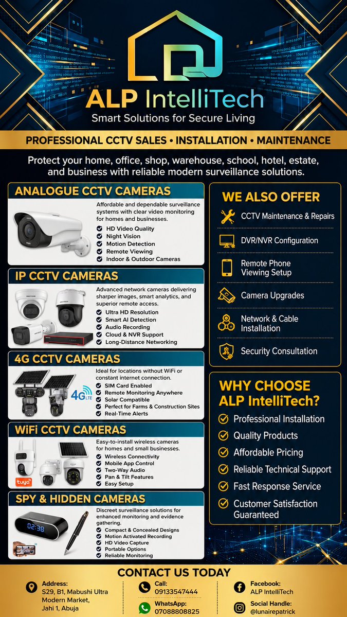 lunairepatrick's tweet photo. See Everything. Miss Nothing. CCTV Solutions You Can Trust. Powered by ALP IntelliTech — Smart Solutions for Secure Living... #cctv #lunairepatrick #smarthome #alpintellitech #surveillance #naija https://t.co/A0MJNyizUX