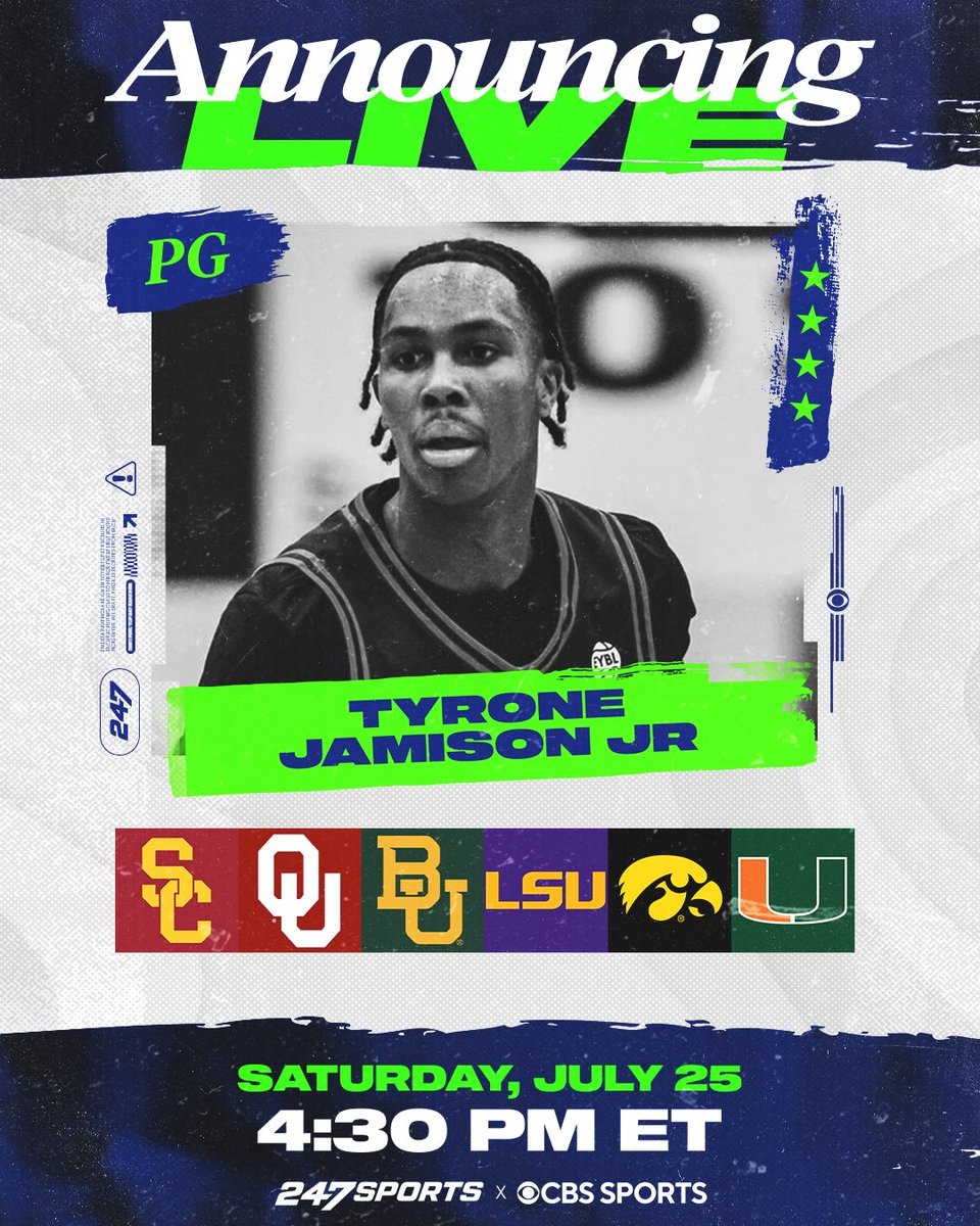 BJenkins247's tweet photo. 𝗡𝗘𝗪𝗦: Tyrone Jamison Jr., the No. 38 overall recruit in the national 2027 class, has cut his list down to six schools and will announce his college decision live on @247Sports and @CBSSportsHQ on Saturday, July 25th at 4:30 PM ET. 

𝐕𝐈𝐏 https://t.co/sWQ2DLKRT2 https://t.co/Sc157DgoVb
