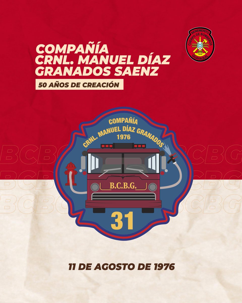 BomberosGYE's tweet photo. La Compañía No. 31 “Crnl. Manuel Díaz Granados Saenz” conmemora 50 años desde su creación. Su pasión y entrega siguen siendo el motor que impulsa su labor diaria.
#SomosBomberos #BCBG https://t.co/N4XHGYa8NW