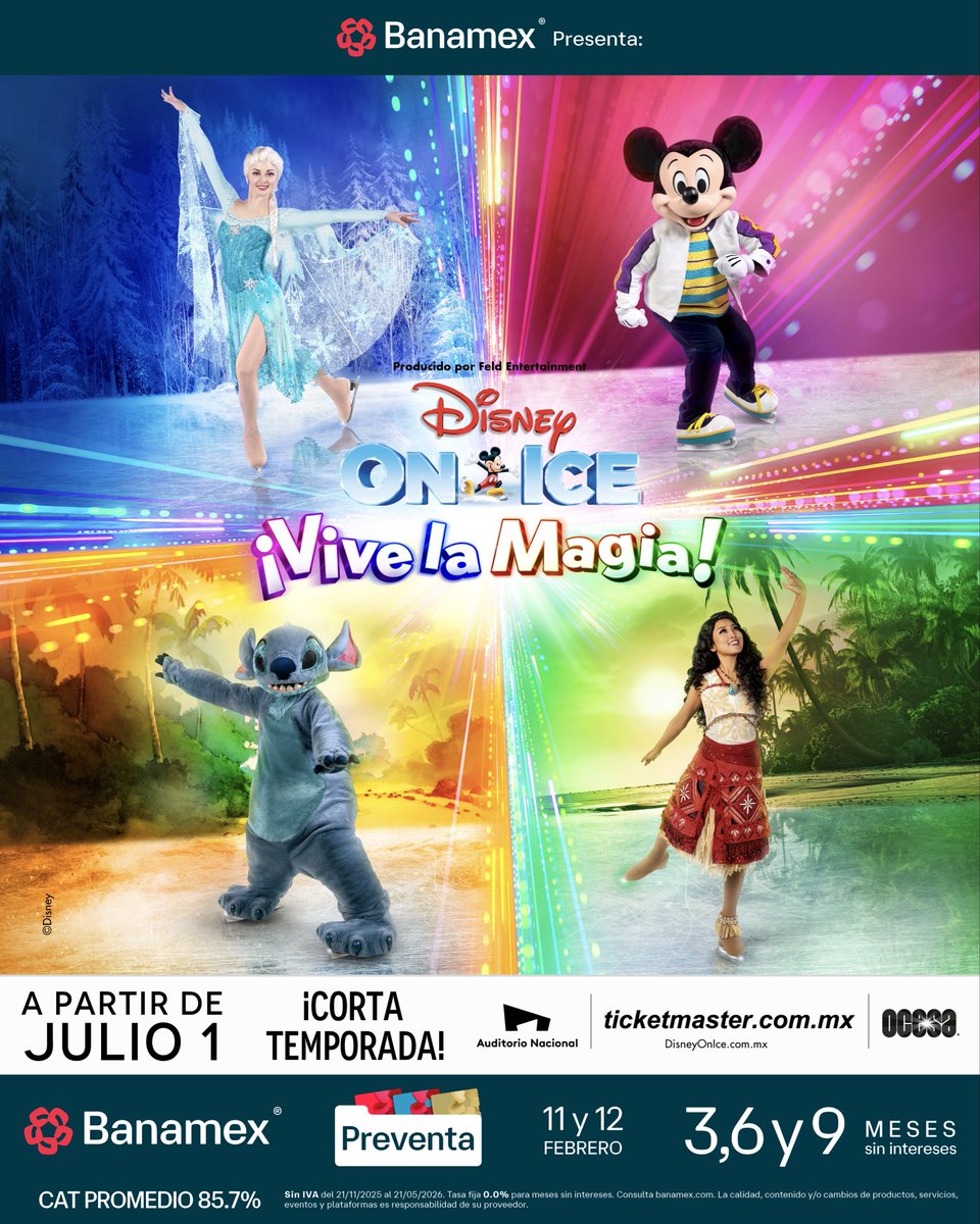 MixMxOficial's tweet photo. ✨ ¡La magia de Disney vuelve a conquistar el hielo! ❄️⛸️

Disney On Ice presenta ¡Vive la magia! llegará al Auditorio Nacional del 1 al 26 de julio con un espectáculo que reunirá a más de 50 personajes, incluyendo a los protagonistas de Intensa-mente 2, Moana 2, Frozen, Encanto, Toy Story, Zootopia y muchas sorpresas más. 🌟

Te contamos todos los detalles sobre boletos y lo que podrás disfrutar en esta nueva aventura sobre hielo. ✨🏰

👉 Lee la nota completa https://t.co/9GFWqtBsiz