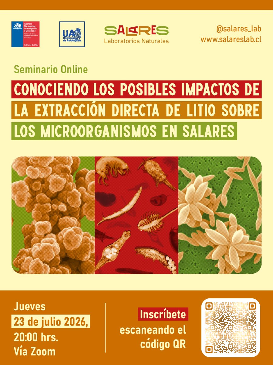 criordor's tweet photo. Hoy no se pierdan este interesante seminario 🙌
¿Cómo afectaría la extracción directa de #litio a los microorganismos de #salares?

➡️ Inscripción https://t.co/NR1iJYqshB https://t.co/mQS7yzfl97