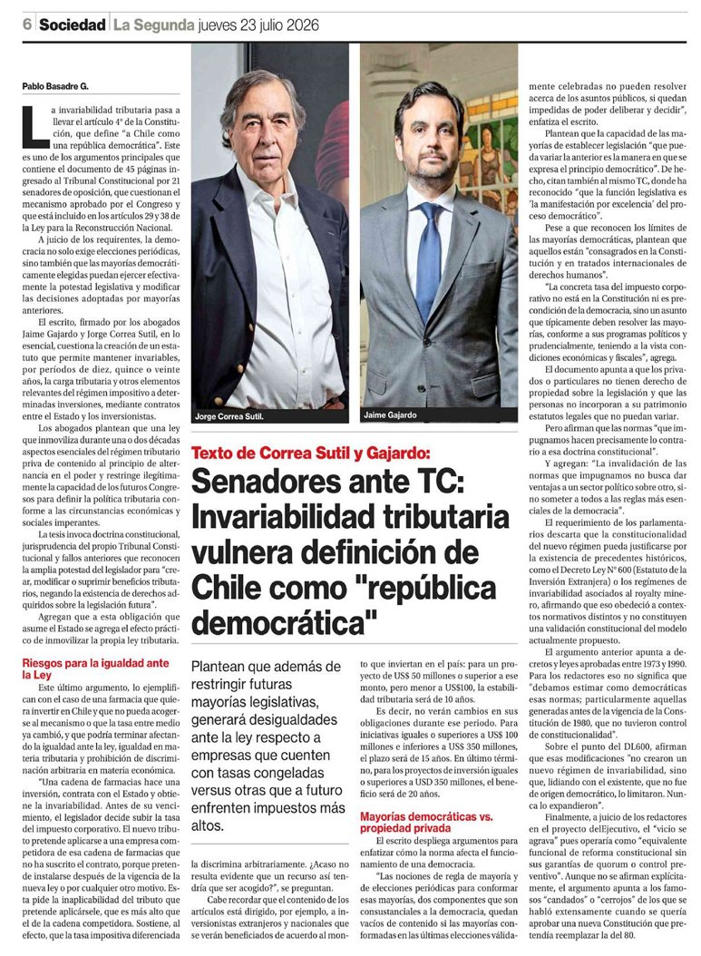kennysubiabre's tweet photo. La invariabilidad tributaria, contenida en la mega reforma del gobierno, vulnera el artículo 4° de la Constitución, que define 'a Chile como una república democrática'. Uno de los argumentos principales del requerimiento presentado por senadores de la oposición al TC. A juicio de los requirentes, la democracia no solo exige elecciones periódicas, sino también que las mayorías democráticamente elegidas puedan ejercer efectivamente la potestad legislativa y modificar las decisiones adoptadas por mayorías anteriores.