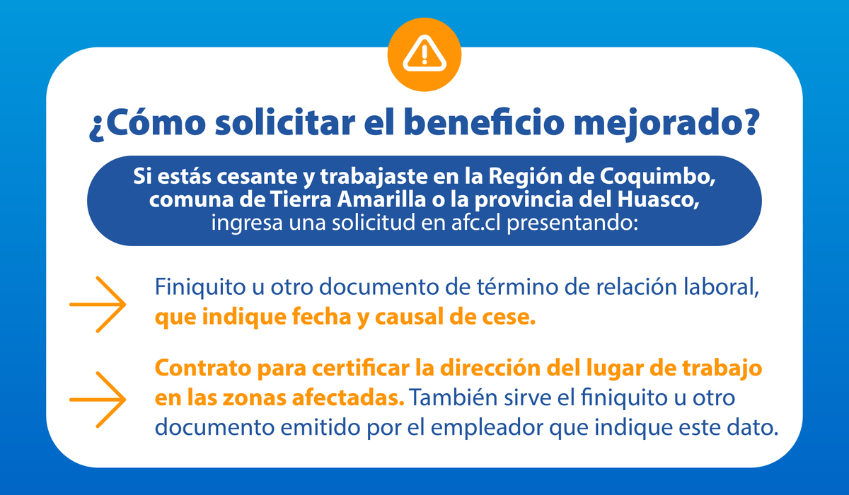 AFC_Chile's tweet photo. 🚨Beneficios especiales para #Coquimbo, #Huasco y la comuna de #TierraAmarilla.

El #SegurodeCesantía cuenta con medidas especiales para trabajadores afectados por el Estado de Catástrofe. 

Infórmate y revisa si puedes acceder aquí ➡️ https://t.co/BbSoSfCJGC 

#desempleo #cesantía #trabajo #empleo #saldo #AFC #AFCChile