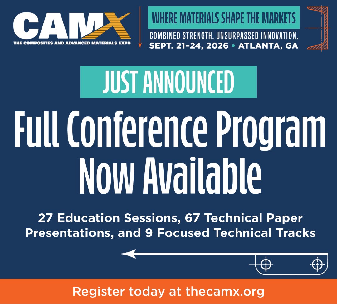 the_CAMX's tweet photo. Join the composites and advanced materials industry in Atlanta, September 21–24. 27 education sessions. 67 technical paper presentations. 9 technical tracks. 
View the program: https://t.co/SYMhK9Yk93 
Register: https://t.co/5QVLhpnvih https://t.co/dSQpVJM5NX