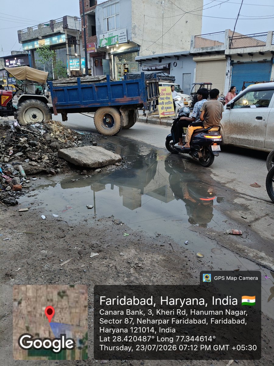 tveettur's tweet photo. @MCF_Faridabad contractor broke drain cover near Canara Bank Sec 87 on 23/07/2026 &amp; threw sewage on public road without covering the drain. Is he even accountable for Public nuisance, foul smell &amp; #Dengue? @SwachhBharatGov @SwachhFaridabad kindly get the repair done ASAP 🙏 https://t.co/CXOhrUIg3E