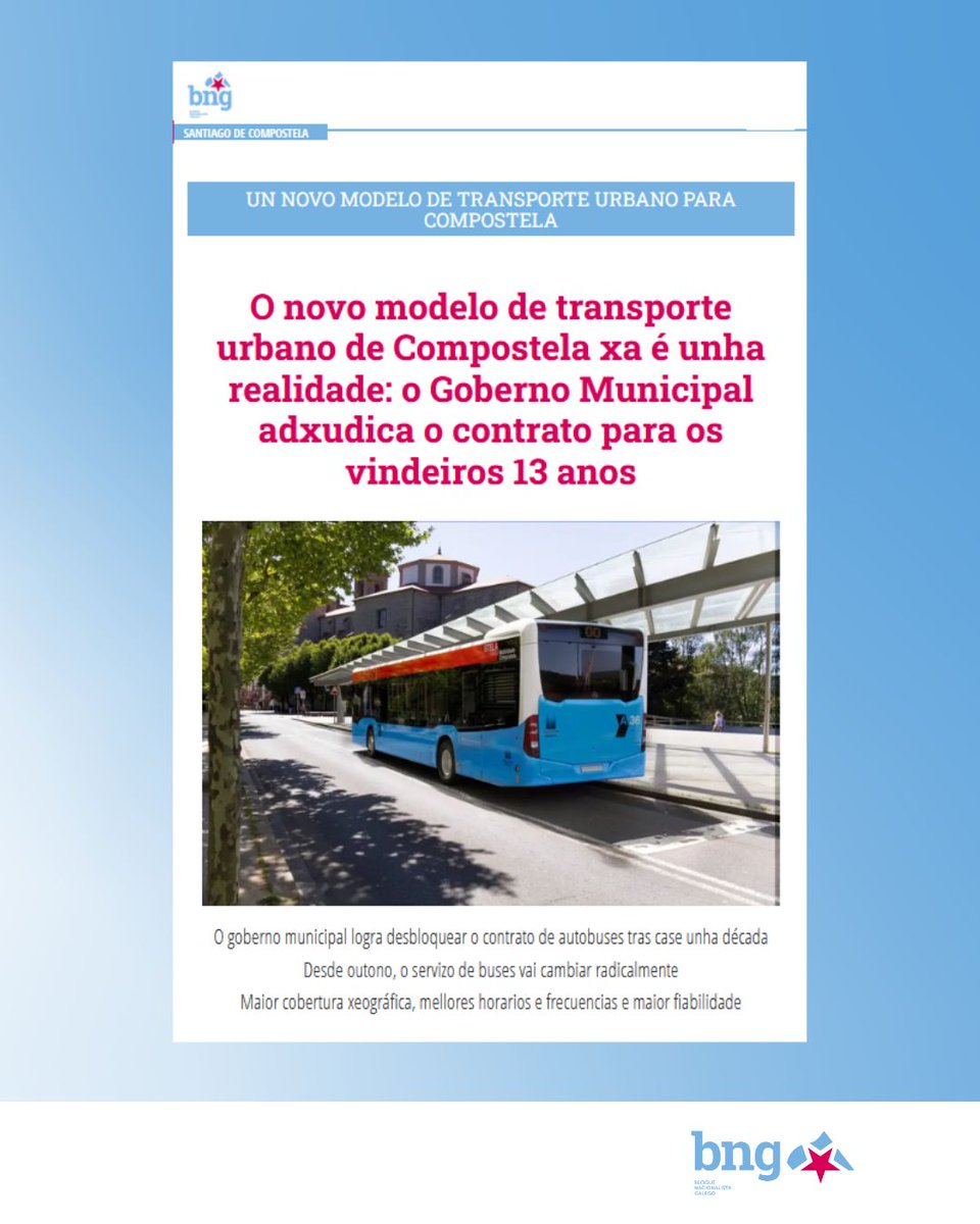 bngcompostela's tweet photo. Tras case unha década co contrato de autobuses bloqueado e en precario, o Goberno Municipal de Compostela logra un novo contrato para unha mellora radical do servizo de transporte público urbano.

Máis info:
https://t.co/UTKgzoE0ea https://t.co/1Xupariri0