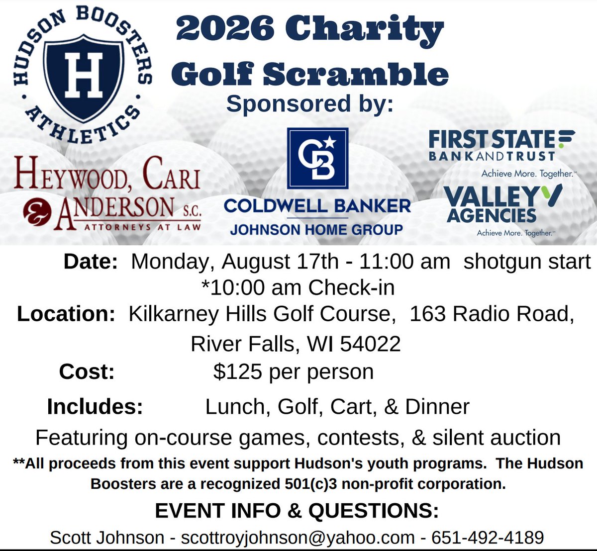 Hudson_Boosters's tweet photo. HUDSON BOOSTERS 2026 CHARITY GOLF SCRAMBLE!

We are just over 3 weeks away from our annual golf event. There's still time to grab your friends, register, and come out for a fun day of golf in support of our youth athletes! Please reach out with any questions. https://t.co/EZhqA92yha