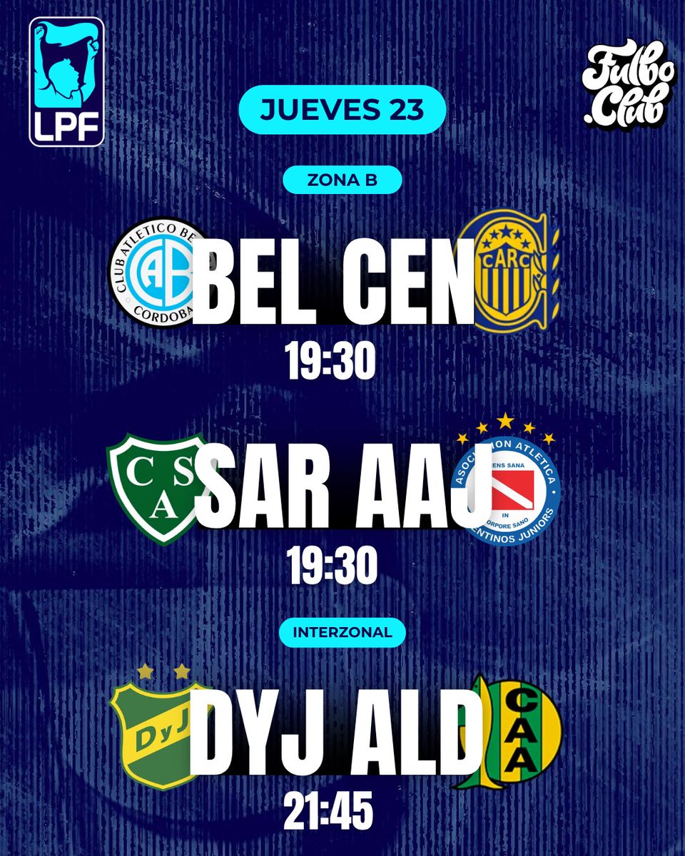 FulboClubOK's tweet photo. JUEVES 23/7 - FECHA 1 🗓️
ZONA 🅱️

Belgrano 🆚 Rosario Central
🏟️ Julio Cesar Villagra, Córdoba
⏰ 19:30 hs
⚖️ Sebastián Zunino 

Sarmiento 🆚 Argentinos Jrs
🏟️ Eva Perón, Junin
⏰ 19:30 hs
⚖️ Luis Lobo Medina

INTERZONAL
Defensa y Justicia 🆚 Aldosivi
🏟️ Norberto Tomaghello, Julio A. Costa
⏰ 21:45 hs
⚖️ Daniel Zamora