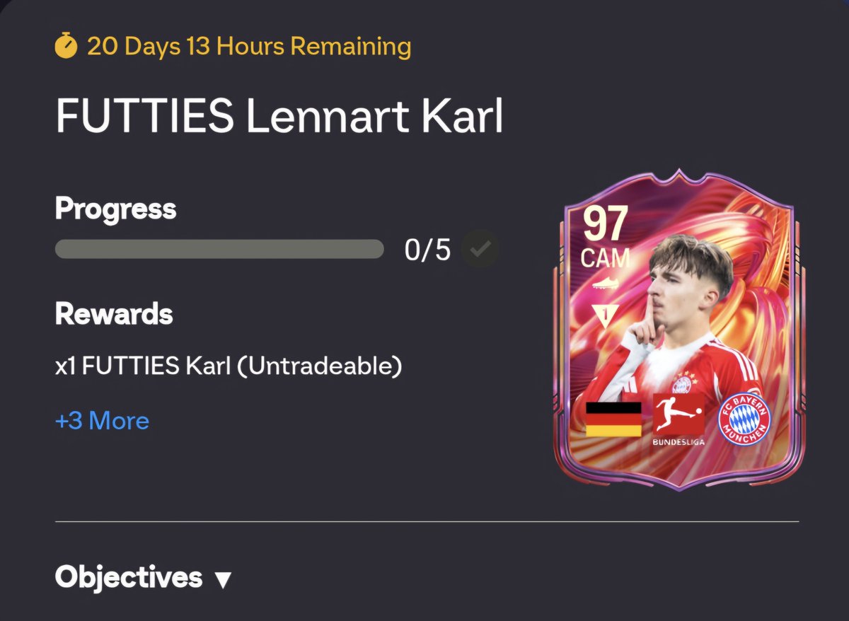 TradingEi's tweet photo. 🔴How to get Karl🇩🇪 97 Futties🎀, 2500 SP and 100 Tokens🔴

💚+🔁 appreciated

Very important🌟
If you already got 1000 Tokens this week, complete whenever you want, but dont claim the Group reward before friday content release. In case you have Token limit left, complete and claim before friday content release💡

Your squad:
● 1×🇩🇪 midfielder
● CAM (preferred position)
● 3×Bundesliga (2 defenders)
● 1×player born on/after July 23rd 2018

To-Do:
● Win 10
● Score min. 2 in 3 matches with a CAM
👉 preferred position
● Assist 5 goals using a 🇩🇪 midfielder
● Concede 3 or less in 3 matches

Game Modes:
● SQB (semi-pro or higher)
● Rivals
● Champs
● Live Events

You earn:
● Karl🇩🇪 Futties🎀 97
● 100 Tokens🔴
● 2500 SP
● 88+×5
● 10000 Coins
● 5 Picks (88+ (1/5), 87+ (1/5) and more)

Make sure to Follow🤝🏻
