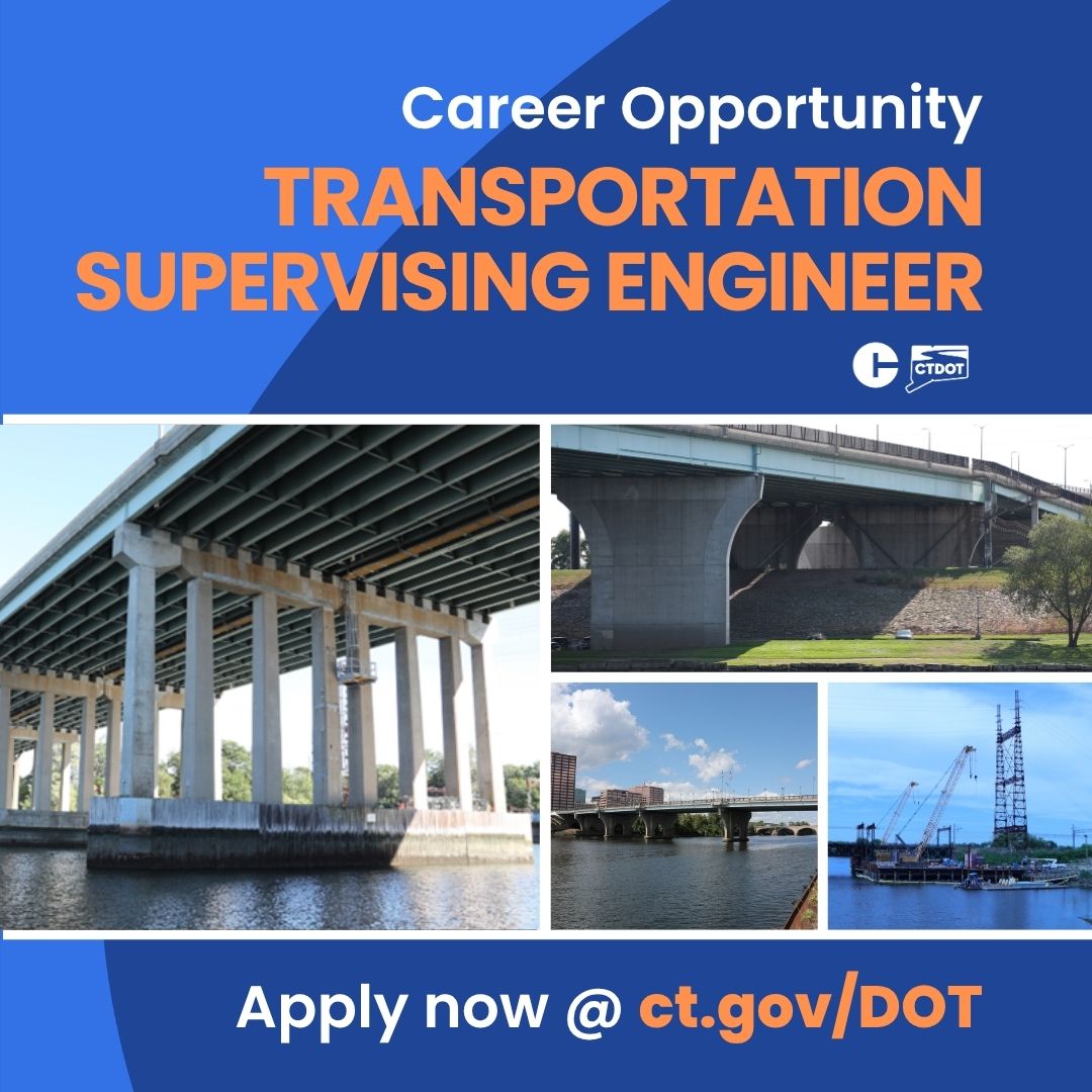 CTDOTOfficial's tweet photo. We're looking for a #Transportation Supervising #Engineer to join our team working to ensure the safety and reliability of CT’s bridges and structures! Apply by 8/5 and start helping people get across the state safely and easily: https://t.co/BVkkmpApQS

#CTDOT #Hiring #Career https://t.co/RNyXv8Eiln