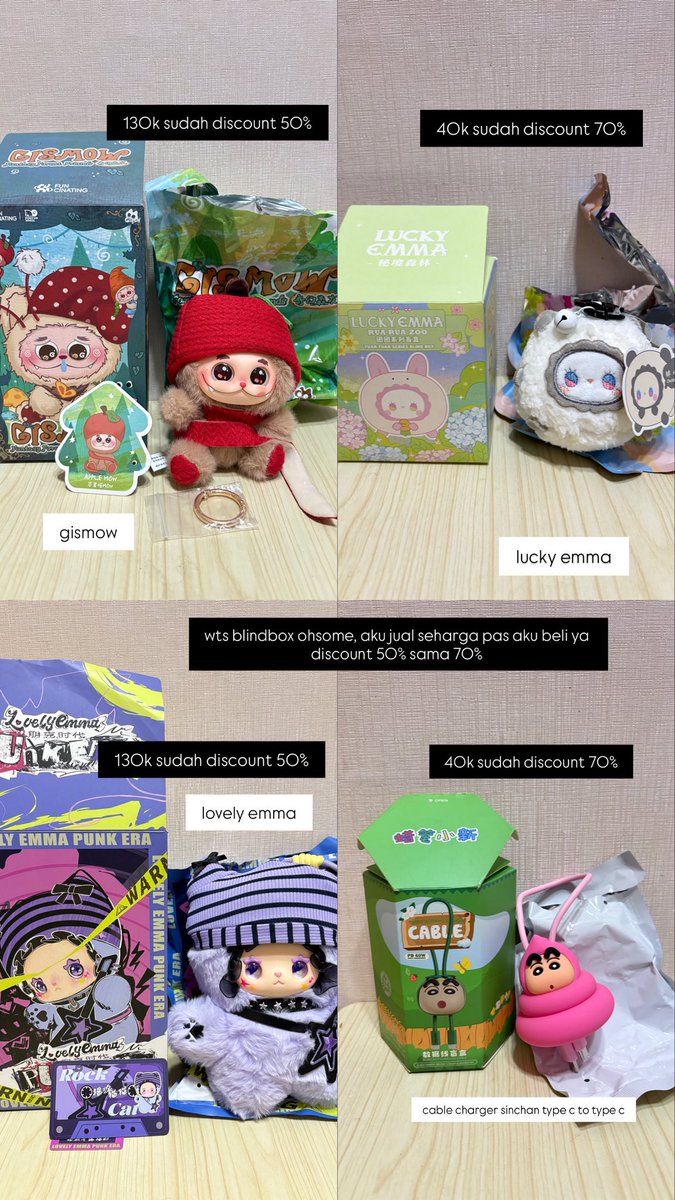 bengurll's tweet photo. wts blindbox ohsome aku jual harga aku beli ya discount 50% sama 70% baru buka box nya aja, blindbox gismow, lucky emma, lovely emma, dm ya buat tanya tanya, bisa 🍊

#wts #blindbox #wtsblindbox #zonauang https://t.co/5dUnrp1UXT