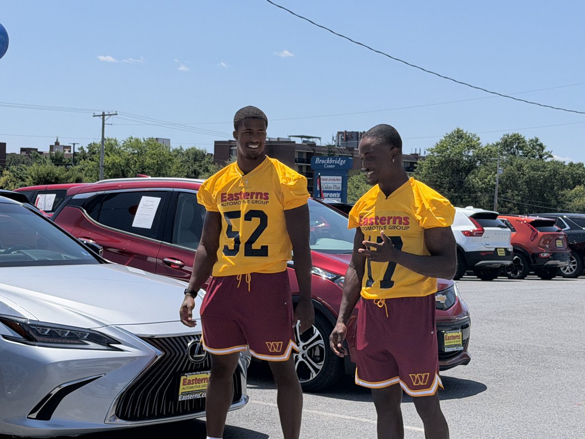 john_keim's tweet photo. Commanders’ Terry McLaurin and Sonny Styles in character for a commercial shoot. Buckeyes represented too. https://t.co/hnumFYUD8m
