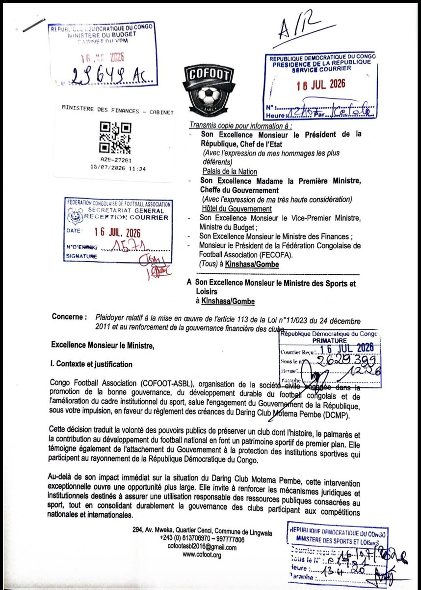 Cofoot_ASBL's tweet photo. 🇨🇩PLAIDOYER: A la suite de l'appui financier exceptionnel accordé au #DCMP,#COFOOT a saisi le Ministre des Sports @DidierBudimbu pr demander l'application de l'article 113 de la Loi n��11/023 et l'organisation d'un atelier avec la @FecofaRdc sr la gouvernance financière des clubs https://t.co/F4dCI5B8yz