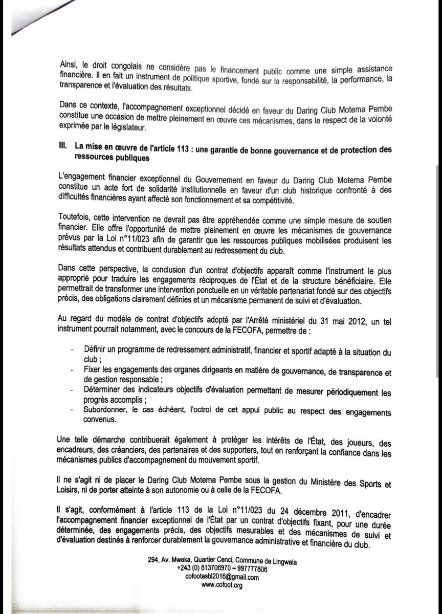 Cofoot_ASBL's tweet photo. 🇨🇩PLAIDOYER: A la suite de l'appui financier exceptionnel accordé au #DCMP,#COFOOT a saisi le Ministre des Sports @DidierBudimbu pr demander l'application de l'article 113 de la Loi n��11/023 et l'organisation d'un atelier avec la @FecofaRdc sr la gouvernance financière des clubs https://t.co/F4dCI5B8yz