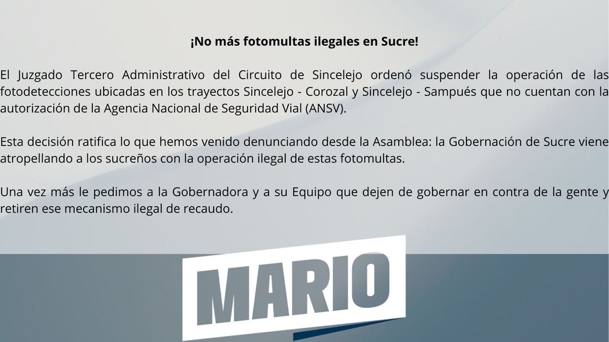 MarioFerAlco's tweet photo. ¡No más fotomultas ilegales en Sucre!
El Juzgado Tercero Administrativo del Circuito de Sincelejo ordenó suspender la operación de las fotodetecciones ubicadas en los trayectos Sincelejo - Corozal y Sincelejo - Sampués que no cuentan con la autorización de la ANSV. https://t.co/xlaUWcgYKi