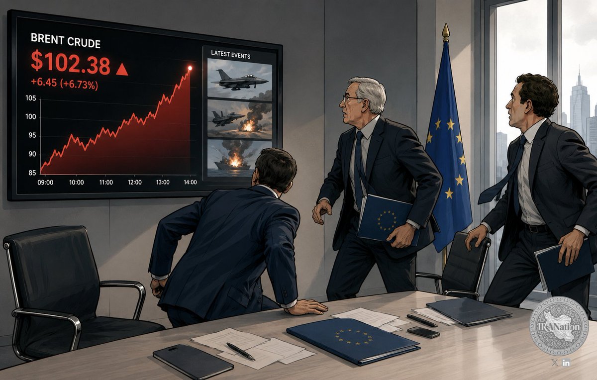 IRANation_'s tweet photo. Trump said the U.S. could “run” Hormuz. Ten days later, Brent was back above $100. We saw this before: after oil crossed $100 in March, Europe shifted from blaming Iran to demanding an end to the war. As the economic pressure returns, Europe’s language will likely change again soon.